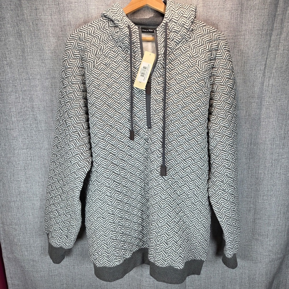Doe & Rae Hoodie Womens 1/4 Zip Gray Chevron Quilted Large NWT Cottagecore, Cozy